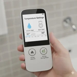 Digital remote control interface showing adjustable water and seat temperature settings for a self heating bidet.