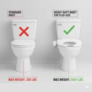 A comparison chart showing the high weight capacity of a specialized bidet for fat people versus standard models.