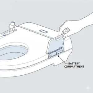 Close-up technical illustration of the easy-to-access battery compartment on a battery bidet toilet seat.