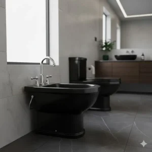 Classic floor-standing black bidet with high-gloss finish and chrome fixtures.