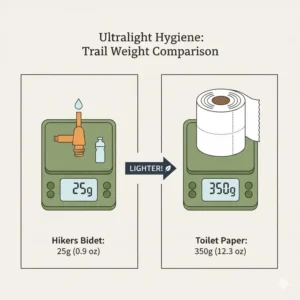 A digital scale comparing the light weight of a hikers bidet versus a heavy roll of toilet paper.