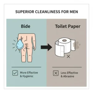 Graphic comparing superior cleanliness and health benefits of using a bidet for men versus paper.
