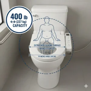 Top-view illustration of a bariatric bidet highlighting the extra-wide seating surface for maximum comfort.