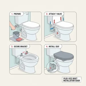 Step-by-step diagram illustrating how to easily install a sturdy bidet for fat people on an existing toilet.