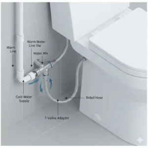A diagram showing the warm water connection process for a heated bidet attachment for toilet during installation.