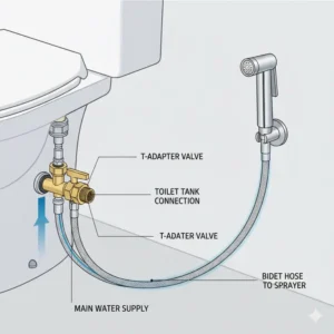 Technical illustration of a T-adapter valve connecting a bidet toilet faucet to the water supply line.