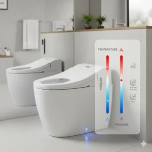 Adjusting water temperature and spray pressure on a bidet toilet with remote.