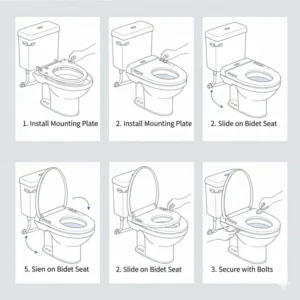 A step-by-step installation guide showing how to mount a battery bidet toilet seat to a standard toilet.
