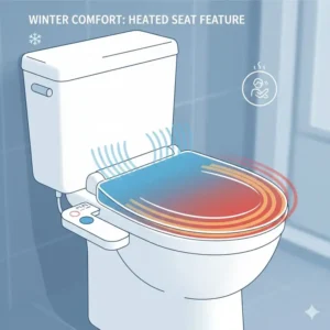 An illustration showcasing the warm seat comfort provided by a heated bidet attachment for toilet.