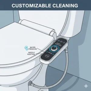 Close-up illustration of the adjustable water pressure and nozzle controls on a bidet for men.