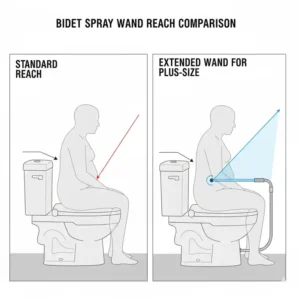 Technical illustration demonstrating the extended spray wand reach of an ergonomic bidet for fat people.