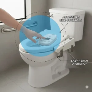 Close-up of the easy-to-reach side arm controls on a specialized bariatric bidet.