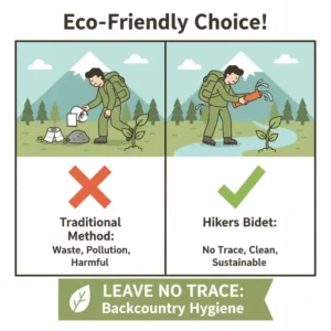Graphic illustrating the eco-friendly benefits of using a hikers bidet to reduce waste in the wilderness.