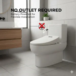 Comparison showing a battery operated bidet seat installed without needing a wall electrical outlet.