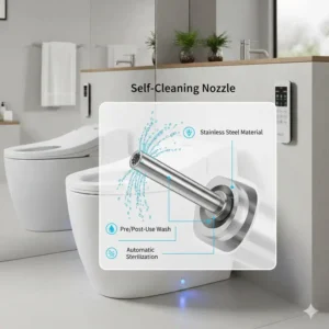 Diagram showing the hygiene benefits of a self-cleaning nozzle on a bidet toilet with remote.