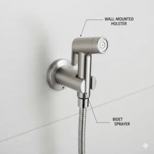 A wall-mounted holster holding a brushed nickel bidet toilet faucet for easy access.