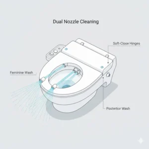 Detailed illustration of the dual nozzle spray cleaning system integrated into a battery bidet toilet seat.