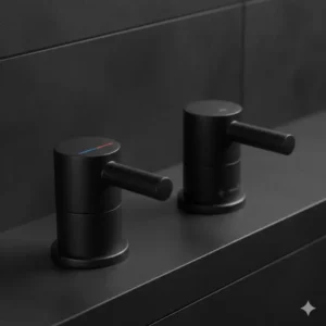 Close-up of a premium black bidet faucet showing temperature and pressure control handles.