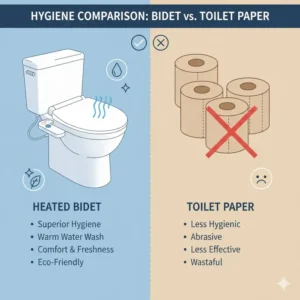 A side-by-side comparison of using toilet paper versus the cleaning power of a heated bidet attachment for toilet.