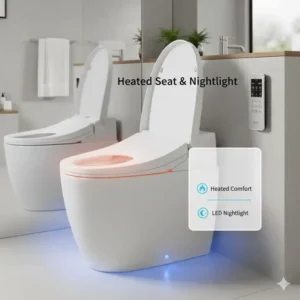 Nightlight and heated seat functions of a high-tech bidet toilet with remote.
