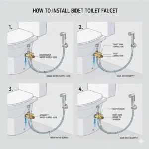Step-by-step diagram showing how to install bidet toilet faucet on a standard bathroom toilet tank.