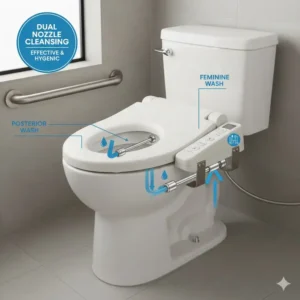 Illustration of the adjustable dual nozzle cleaning system found in a high-quality bariatric bidet.