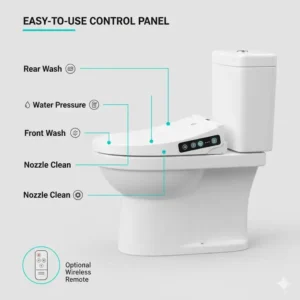 Detailed illustration of the self-cleaning dual nozzles of a battery powered bidet seat.