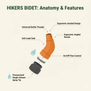 Detailed diagram of a hikers bidet nozzle highlighting the angled spray and universal fit threads.
