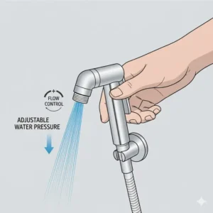 Hand adjusting the lever of a bidet toilet faucet to demonstrate variable water pressure control.