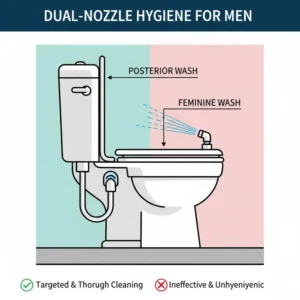 Technical diagram showing the dual nozzle functionality and spray patterns of a bidet for men.