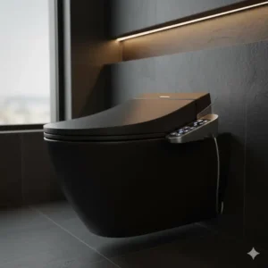 An advanced electronic black bidet toilet seat with a side control panel and heated features.