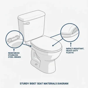 Diagram highlighting the reinforced stainless steel hinges and durable plastic used in a bidet for fat people.