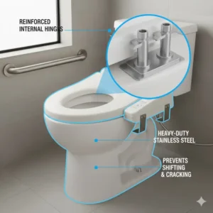 Detailed view of reinforced stainless steel internal hinges on a bariatric bidet to prevent shifting.