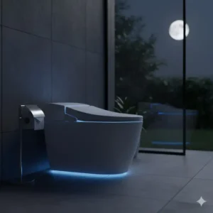 A self heating bidet with a soft blue LED nightlight feature illuminating the bathroom at night