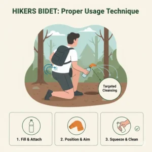 Illustration demonstrating the correct angle and squeeze technique for using a hikers bidet while hiking.