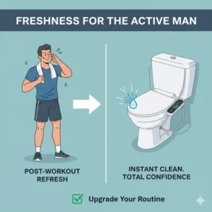 Illustration of an active man feeling fresh after a workout thanks to a bidet for men.
