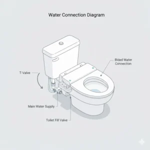 Technical diagram showing the T-valve and water supply connection for a battery bidet toilet seat.