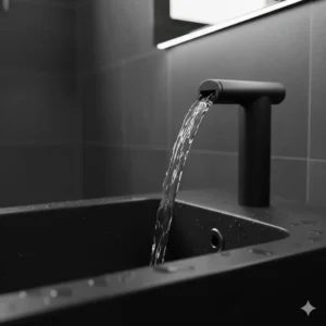 Illustration of the adjustable water spray pattern from a modern black bidet nozzle.