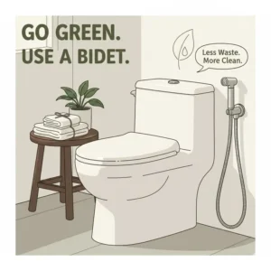 An eco-friendly bathroom setup highlighting a bidet toilet faucet as a sustainable alternative.
