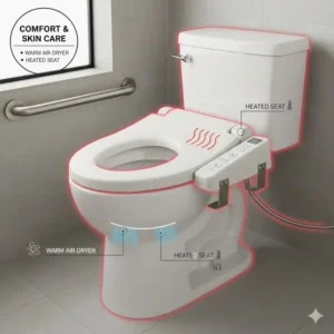 Graphic highlighting the warm air dryer and heated seat features of a modern bariatric bidet.