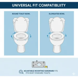 An infographic demonstrating how a heated bidet attachment for toilet fits both round and elongated toilet models.