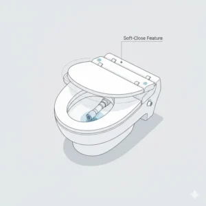 An illustration demonstrating the quiet and durable soft close feature of a battery bidet toilet seat.