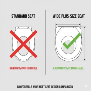 Overhead comparison between a narrow toilet seat and the extra-wide seat of a bidet for fat people.