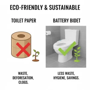 Infographic showing how using a battery operated bidet seat helps save toilet paper and protect the environment.