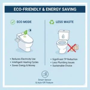 An icon representing the eco-friendly energy saving mode of a heated bidet attachment for toilet.