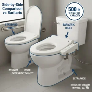 A side-by-side comparison between a standard toilet seat and a wide-surface bariatric bidet.