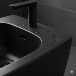 Close-up showing the smudge-resistant matte black bidet finish on a high-quality bathroom.
