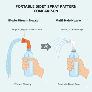 Illustration showing the difference between a multi-hole spray and a single-stream hikers bidet nozzle.