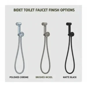A comparison of bidet toilet faucet finishes including matte black, polished chrome, and gold.