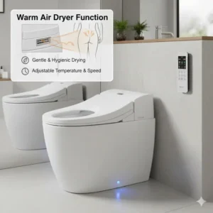Close-up view of the warm air drying system in a bidet toilet with remote.